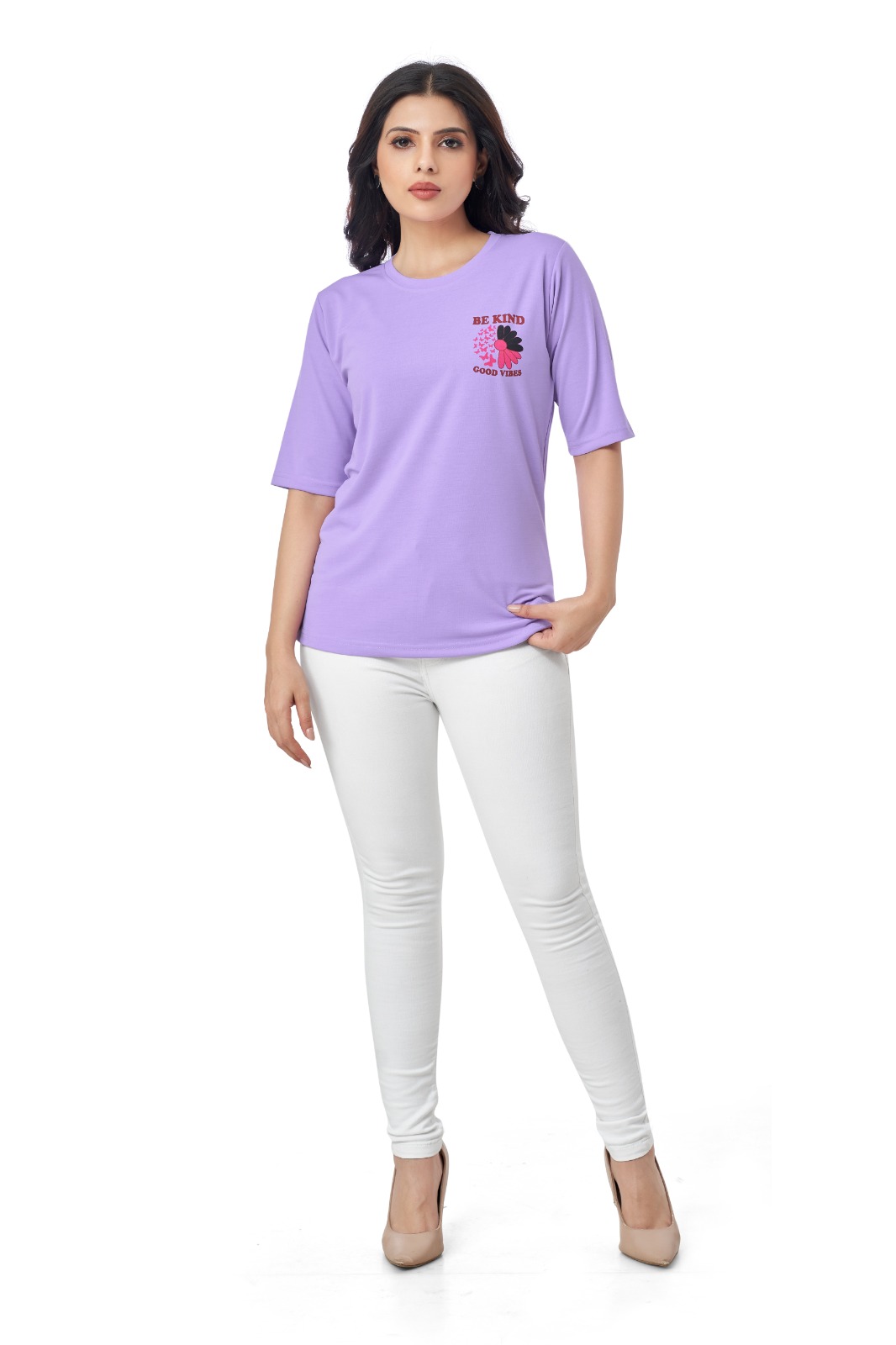 The t-shirt is a soft, light purple or lilac/lavender shade, which is a popular