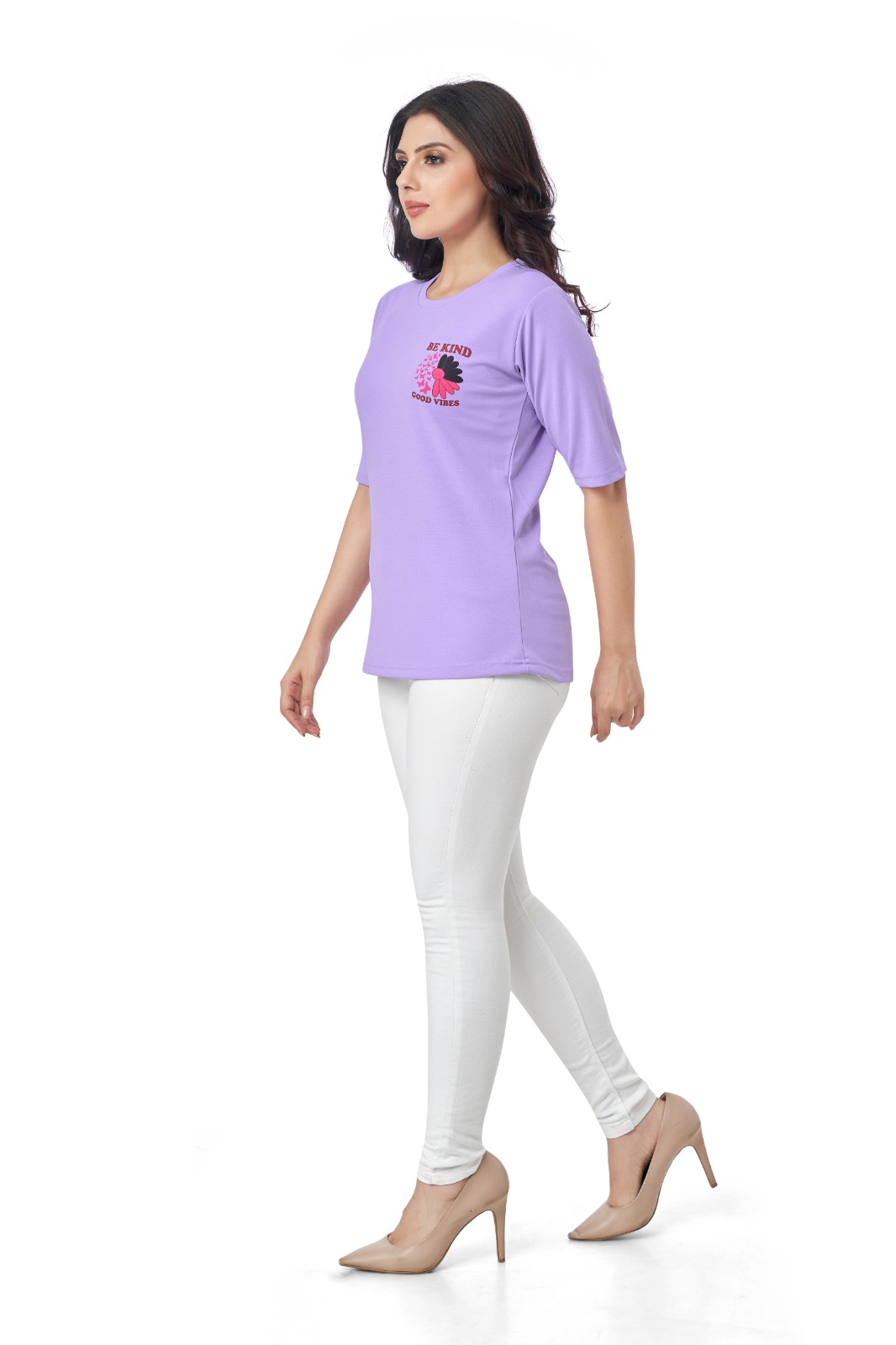 The t-shirt is a soft, light purple or lilac/lavender shade, which is a popular