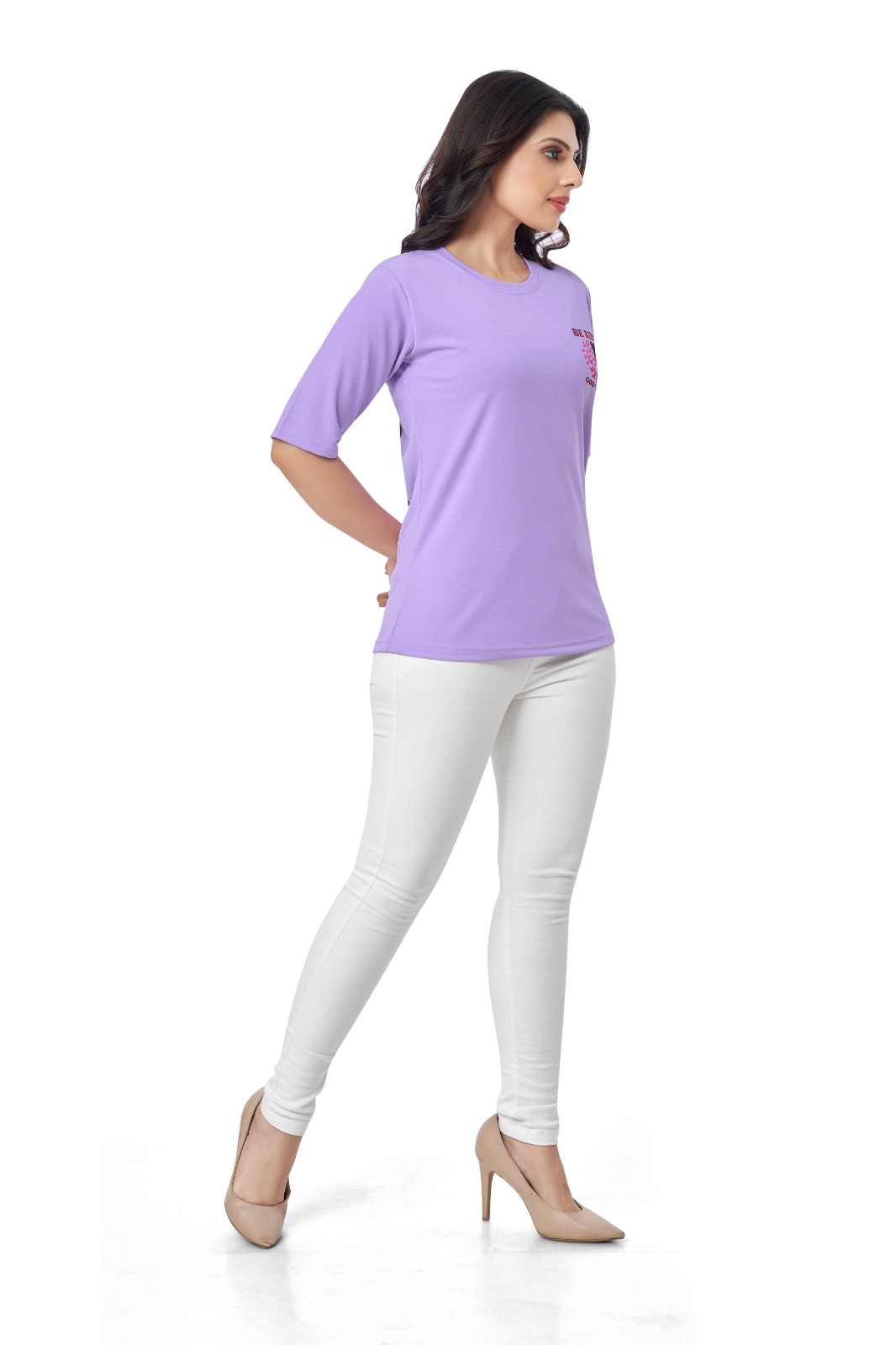 The t-shirt is a soft, light purple or lilac/lavender shade, which is a popular